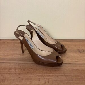 JIMMY CHOO Nova Peep-Toe Slingback Pumps Tan Women Size 37‎ Formal Stiletto